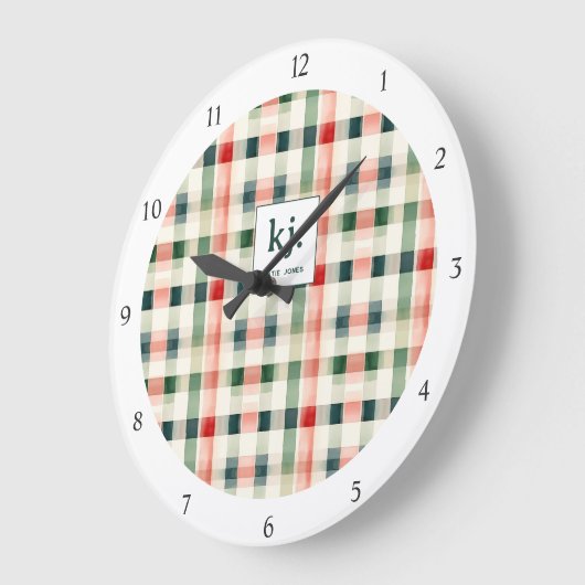 Soft evergreen gingham monogram grote klok (Hoek)