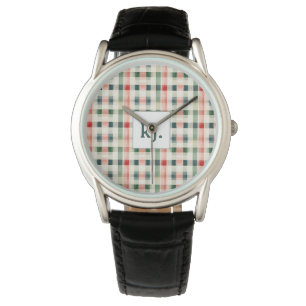 Soft evergreen gingham monogram horloge