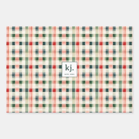 Soft evergreen gingham monogram inpakpapier vel (Voorkant)