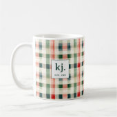 Soft evergreen gingham monogram koffiemok (Links)