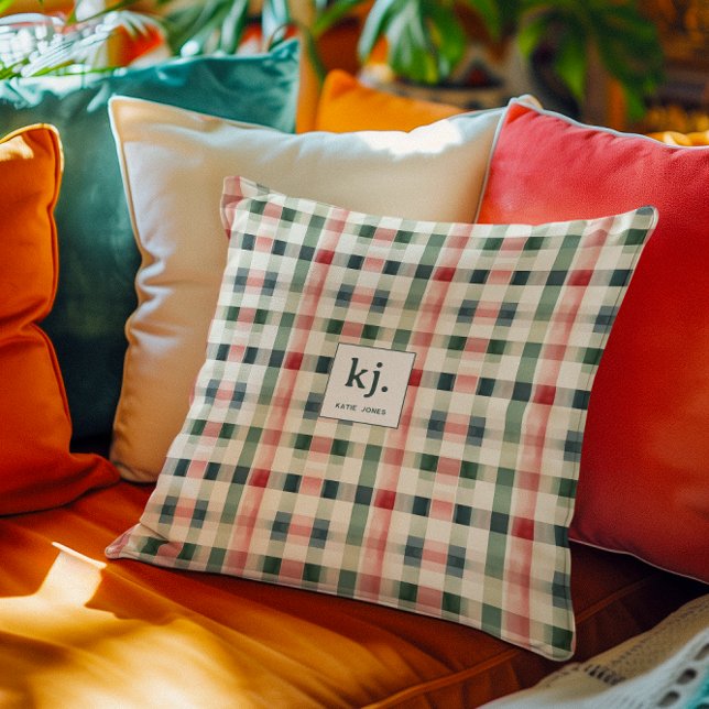 Soft evergreen gingham monogram kussen (Creator heeft geüpload)