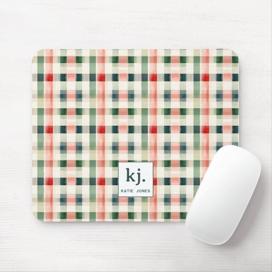 Soft evergreen gingham monogram muismat (Met muis)