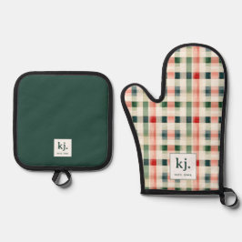 Soft evergreen gingham monogram ovenwant & pannenlap set