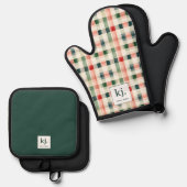 Soft evergreen gingham monogram ovenwant & pannenlap set (Voorkant / Achterkant)