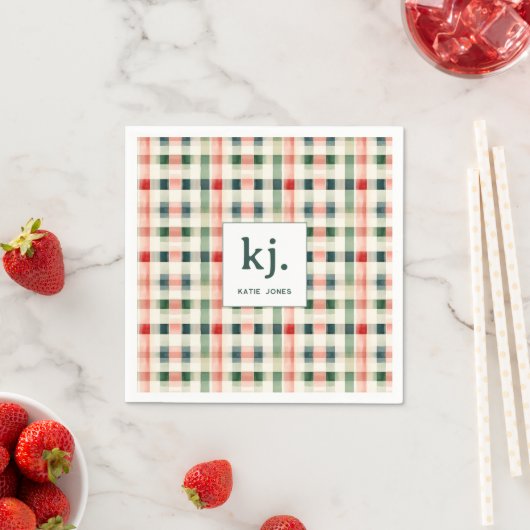 Soft evergreen gingham monogram servet (Insitu)