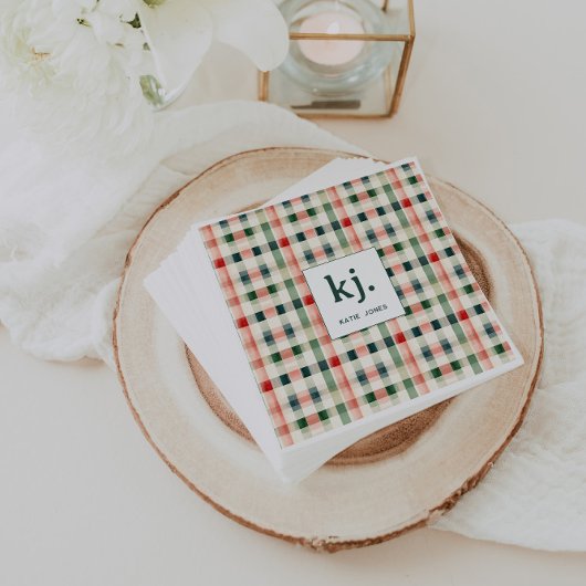 Soft evergreen gingham monogram servet