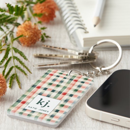 Soft evergreen gingham monogram sleutelhanger (Voorkant Rechts)