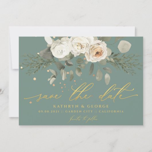 Soft Floral Botanical Greenery Sage Wedding Save The Date (Voorkant)