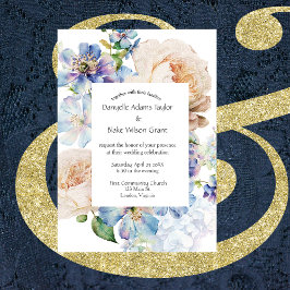 Soft Floral Dusty Blue Ivory Photo Wedding Kaart