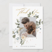 Soft Floral Gold Botanical Foliage Weduwfoto Bedankkaart (Voorkant)