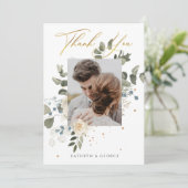 Soft Floral Gold Botanical Foliage Weduwfoto Bedankkaart (Staand voorkant)