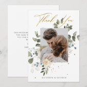 Soft Floral Gold Botanical Foliage Weduwfoto Bedankkaart (Voorkant / Achterkant)