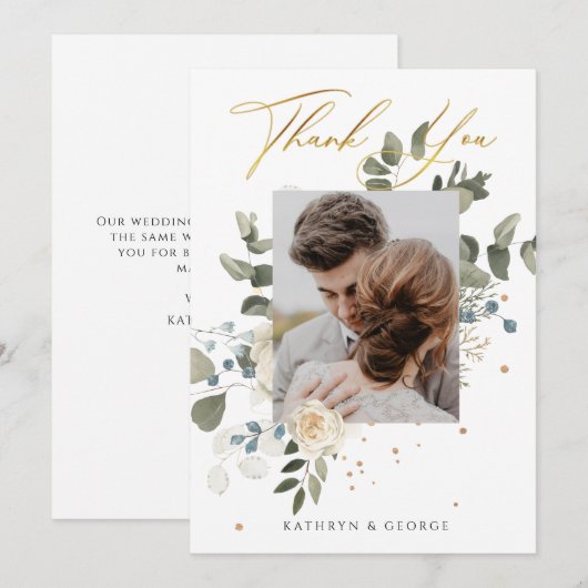 Soft Floral Gold Botanical Foliage Weduwfoto Bedankkaart (Voorkant / Achterkant)