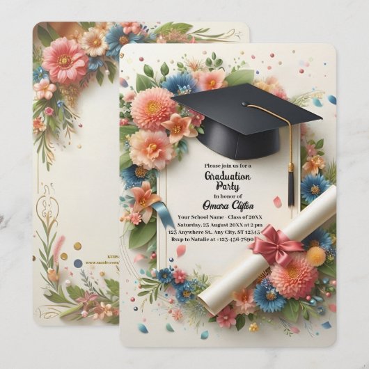 Soft Floral Lijst Graduation Party Invitation Kaart (Voorkant / Achterkant)