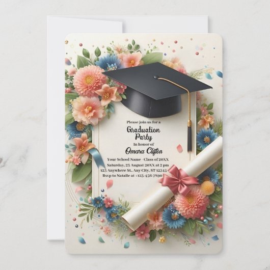 Soft Floral Lijst Graduation Party Invitation Kaart (Voorkant)