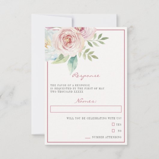 Soft Floral Romantic Greenery Pink Mauve RSVP Kaartje (Voorkant)