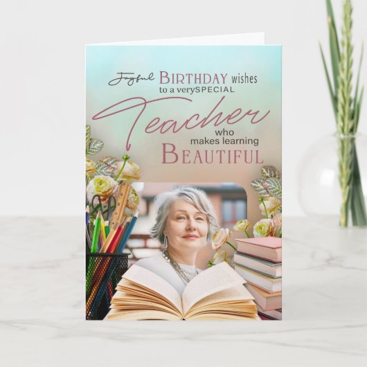 Soft Floral Teacher Birthday Keepsake Photo  Kaart (Voorkant)