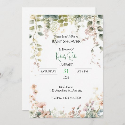 Soft Floral Watercolor Frame Kaart (Voorkant / Achterkant)