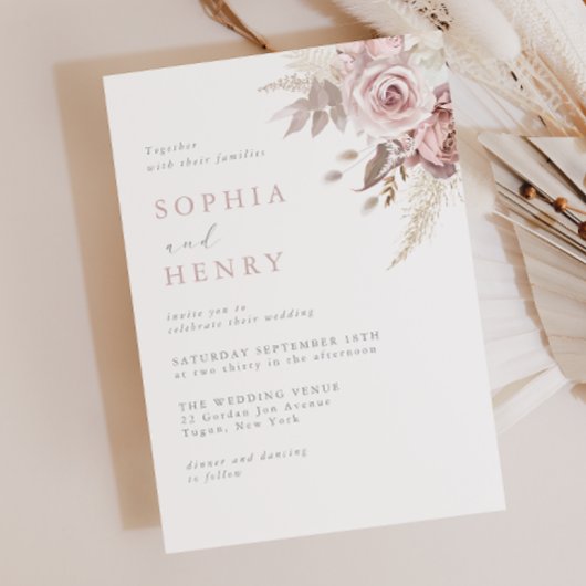 Soft Gentle Blush Floral Wedding Invitation Kaart