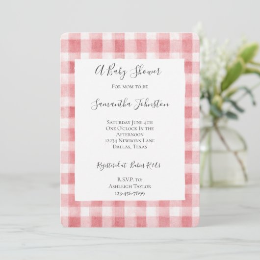 Soft Girly Pink White Plaid Stripes Baby Shower Kaart (Staand voorkant)