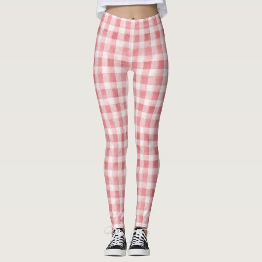 Soft Girly Pink White Plaid Stripes Leggings (Voorkant)