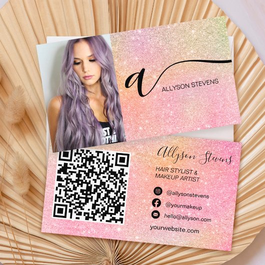 Soft glitter hair make-up photoinitiaal qr code visitekaartje