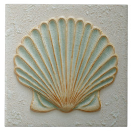Soft Gold and Aqua Coastal Scallop Shell Tegeltje