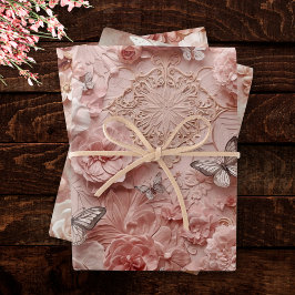 Soft Gold Baroque Blush Floral Butterfly Collage Inpakpapier Vel