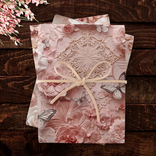 Soft Gold Baroque Blush Floral Butterfly Collage Inpakpapier Vel
