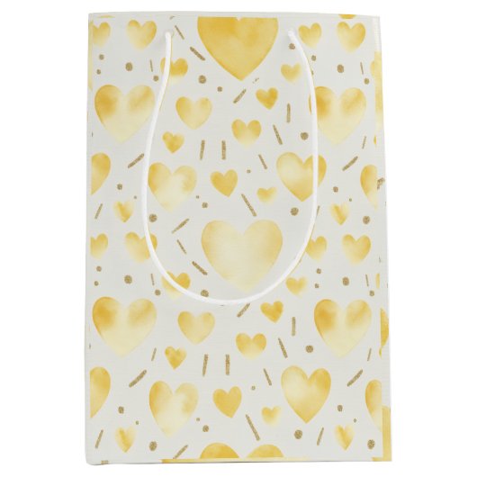 Soft Gold Watercolor & Glitter Hearts Pattern Medium Cadeauzakje (Voorkant)
