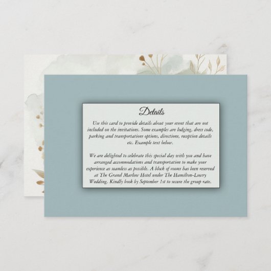 Soft Golden Dusty Blue Romance Wedding Informatiekaartje (Voorkant / Achterkant)