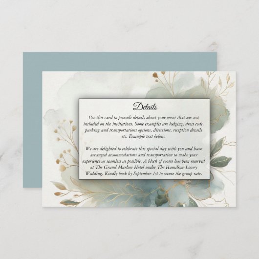 Soft Golden Dusty Blue Romance Wedding Informatiekaartje (Voorkant / Achterkant)