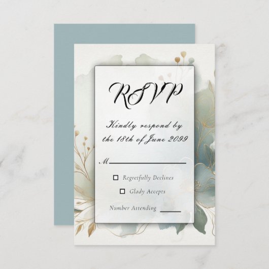 Soft Golden Dusty Blue Romance Wedding RSVP Kaartje (Voorkant / Achterkant)