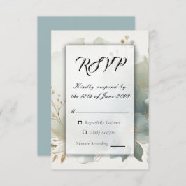 Soft Golden Dusty Blue Romance Wedding RSVP Kaartje