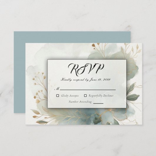 Soft Golden Dusty Blue Romance Wedding RSVP Kaartje (Voorkant / Achterkant)
