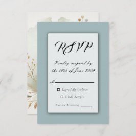 Soft Golden Dusty Blue Romance Wedding RSVP Kaartje
