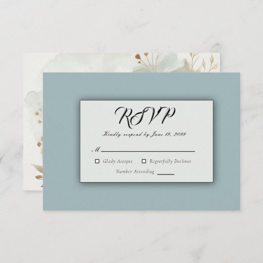 Soft Golden Dusty Blue Romance Wedding RSVP Kaartje (Voorkant / Achterkant)