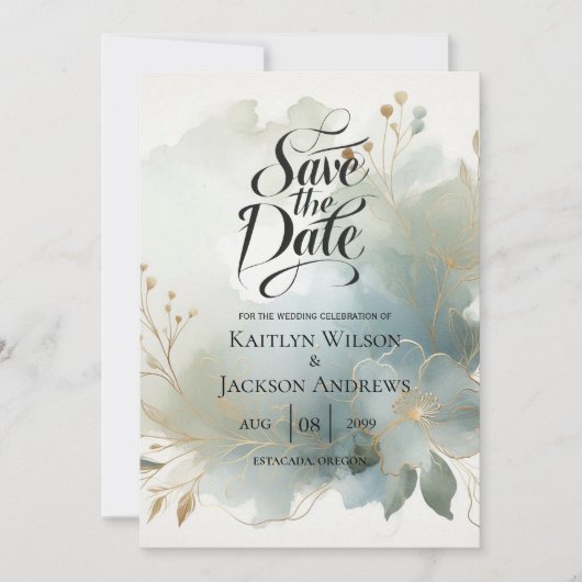 Soft Golden Dusty Blue Romance Wedding Save The Date (Voorkant)