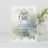 Soft Golden Dusty Blue Romance Wedding Save The Date (Staand voorkant)