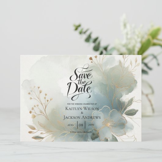 Soft Golden Dusty Blue Romance Wedding Save The Date (Staand voorkant)