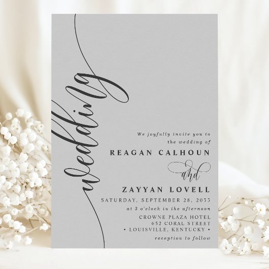 Soft Gray Elegant Calligraphy Script Wedding Kaart