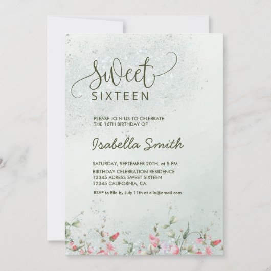 Soft Green & Blush Bloemen Sweet 16 Verjaardagsfee Kaart (Voorkant)