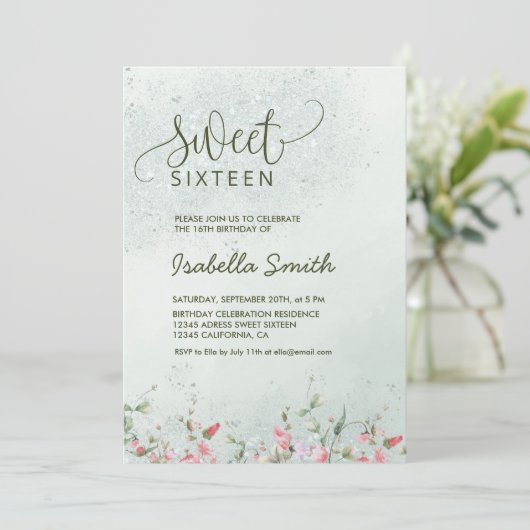 Soft Green & Blush Bloemen Sweet 16 Verjaardagsfee Kaart (Staand voorkant)