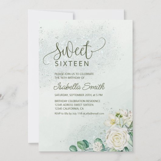 Soft Green & Blush Sweet 16 Invitation White Roses Kaart (Voorkant)