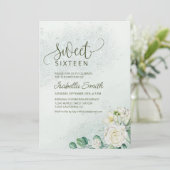 Soft Green & Blush Sweet 16 Invitation White Roses Kaart (Staand voorkant)