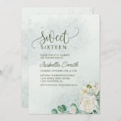 Soft Green & Blush Sweet 16 Invitation White Roses Kaart (Voorkant / Achterkant)