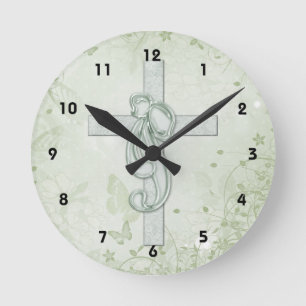Soft Green Cross en Bow Christelijk Design 2 Ronde Klok