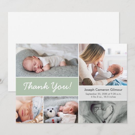 Soft Green Custom Photo Collage Baby Boy Birth Bedankkaart (Voorkant / Achterkant)