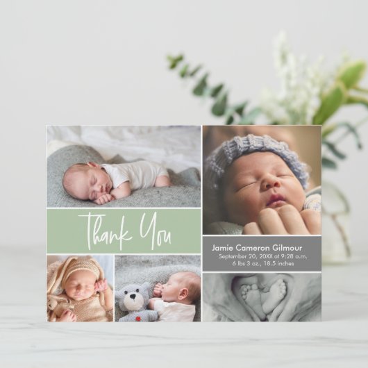 Soft Green Custom Photo Collage Baby shower Bedankkaart (Staand voorkant)