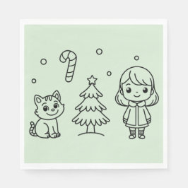 Soft Green Cute Girl and Cat Christmas Design Servet